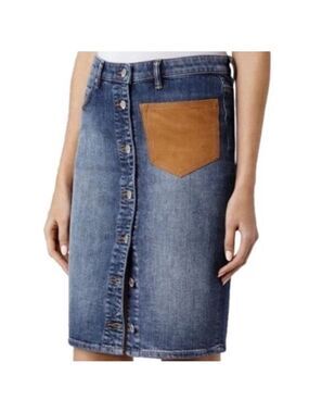 All saints denim pencil jean skirt button up suede pocket size 8